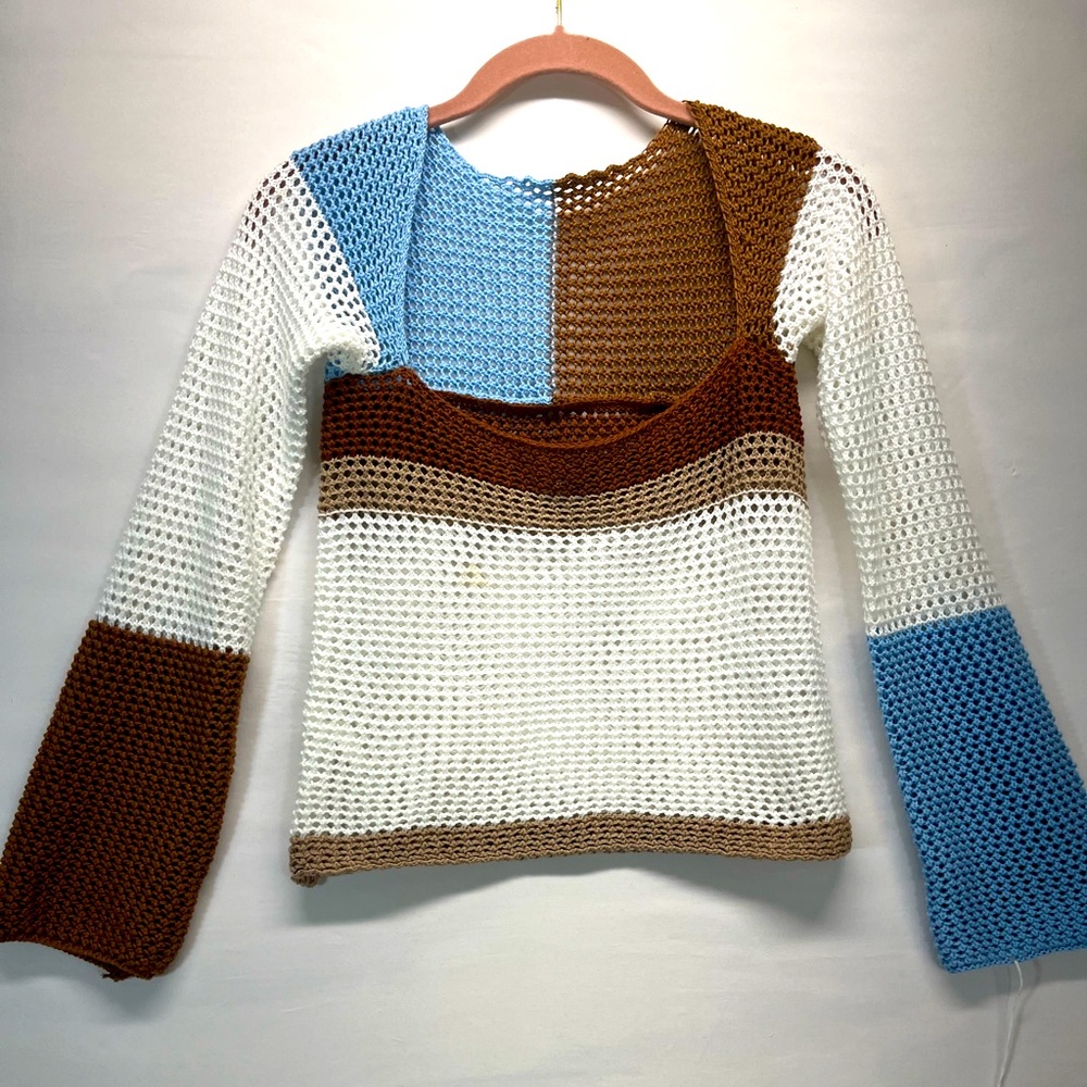 Colorblock Crochet Crop Top Sweater Women S Multicolor Square Neck‎ Boho Sheer